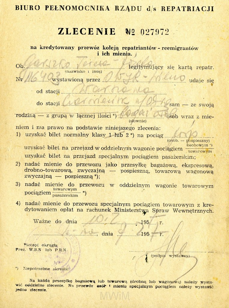 KKE 5803-2.jpg - Dok. Zlecenie na kredytowany przewóz repatriaiantów wystawione przez Biuro Pełnomocnika Rządu do spraw Repatriacji dla Teresy Graszko, Warszawa, 7 II 1957 r.